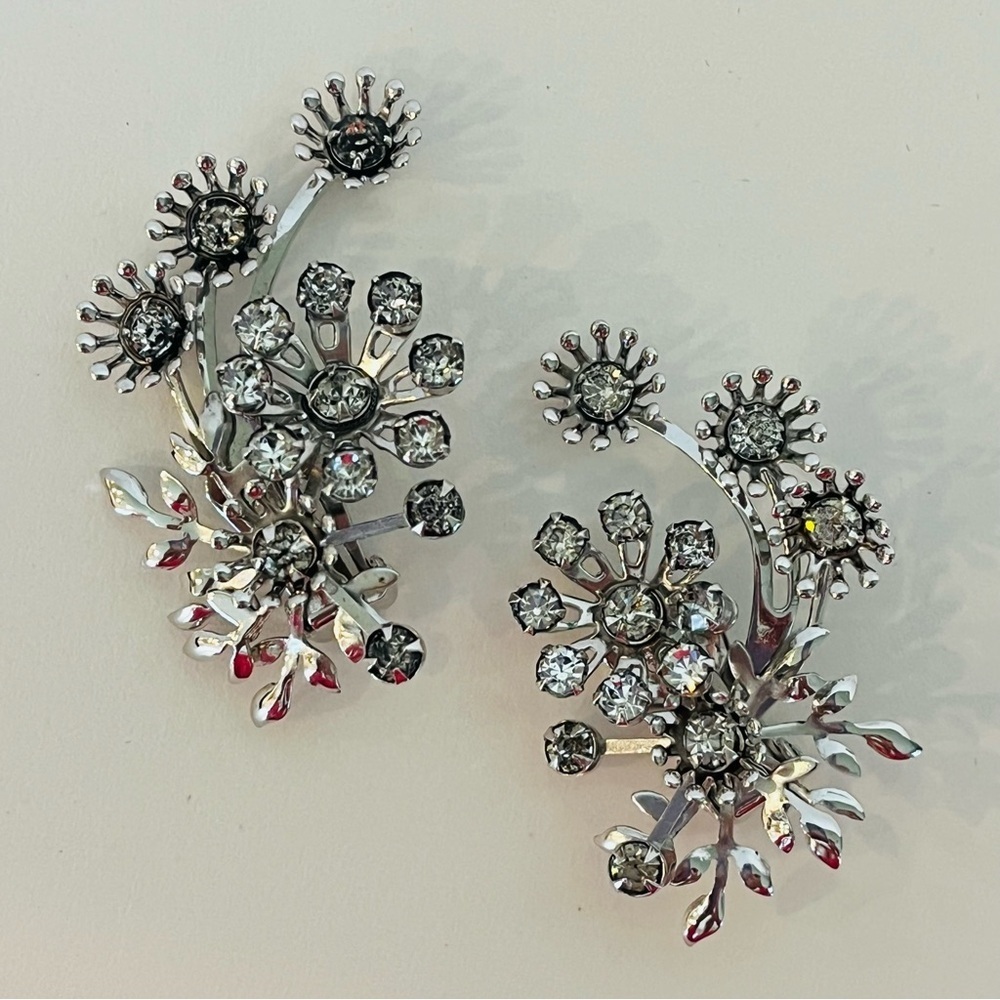 Silver and Crystal Floral Clip On Ear Climber Earrings - Picture 3 of 5